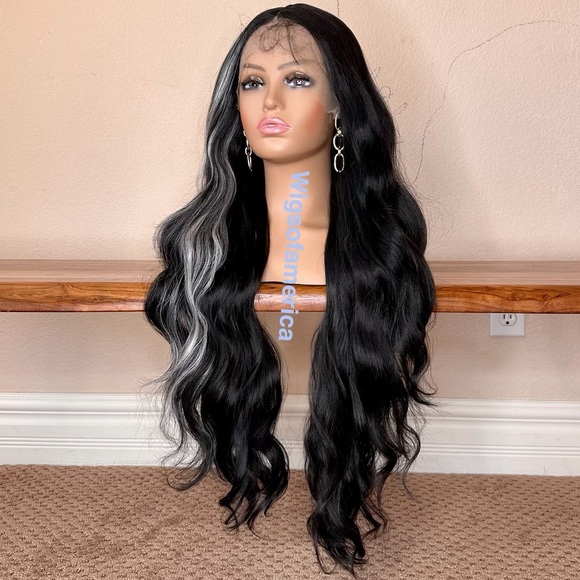 Black wig ombré white 26 inch long wavy layered lace front middle part